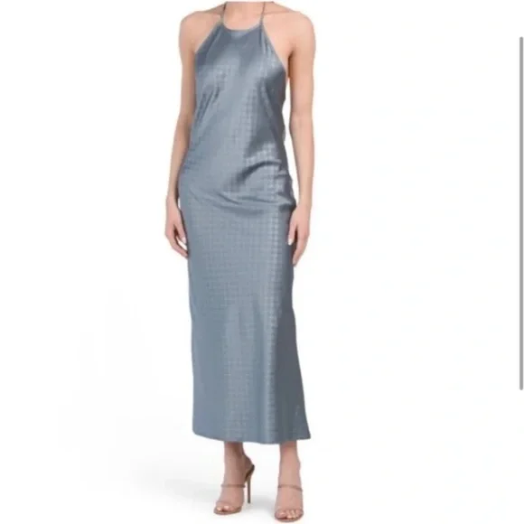 House of Harlow 1960 Women’s L Baby Blue Diamond Sateen Backless Maxi Dress - Picture 1 of 10